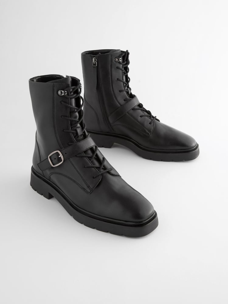 Black Forever Comfort® Lace Up Strap Detail Ankle Boots - Image 1 of 6