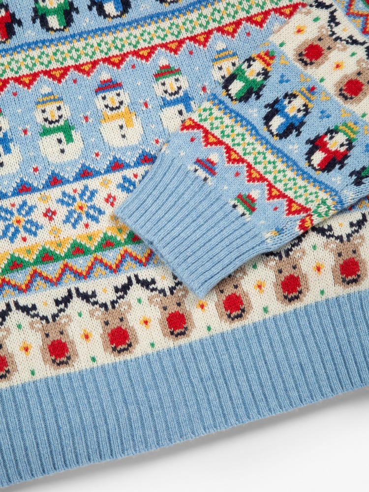 JoJo Maman Bébé Blue Mens Snowman Fair Isle Pattern Jumper - Image 4 of 4