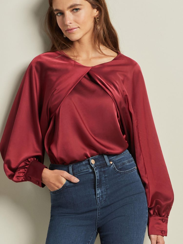 Red Pleat Front Long Sleeve Blouse - Image 1 of 6 Red Pleat Front Long Sleeve Blouse - Image 1 of 6