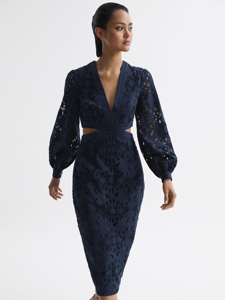 Reiss Navy Zena Lace Cut-Out Midi Dress - Image 1 of 7