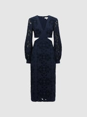Reiss Navy Zena Lace Cut-Out Midi Dress - Image 2 of 7