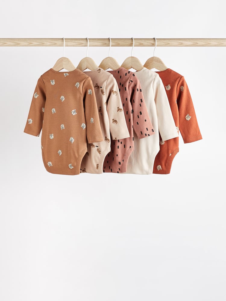 Neutral Leopard Baby Long Sleeve Bodysuits 5 Pack - Image 2 of 6