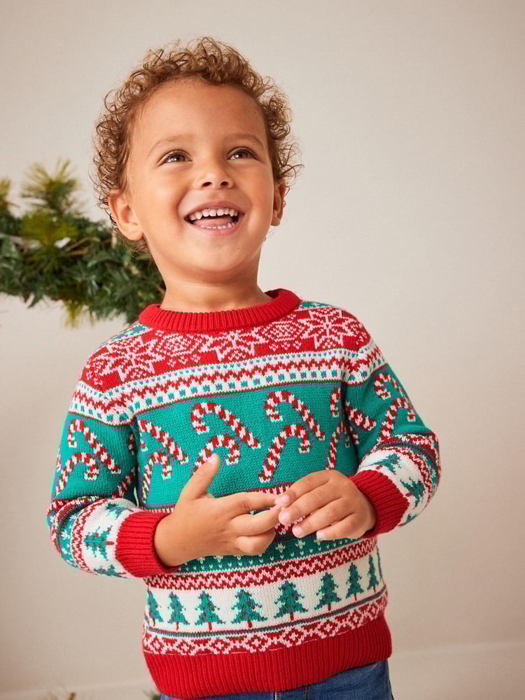 Red/Green Candy Cane Fairisle Pattern Knitted Christmas Jumper (3mths-7yrs) - Image 1 of 7