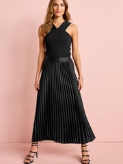 Black Satin Pleated Midi Skirt - Image 1 of 4
