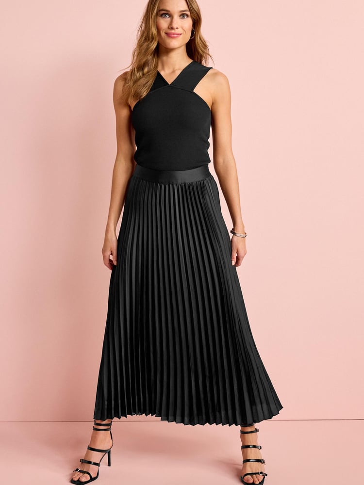 Black Satin Pleated Midi Skirt - Image 1 of 4