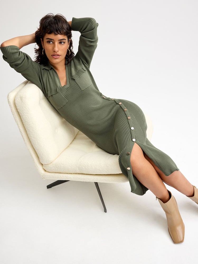 Khaki Green Ribbed Button Detail Knit Utility Midi Dress - Image 1 of 6 Khaki Green Ribbed Button Detail Knit Utility Midi Dress - Image 1 of 6