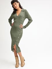 Khaki Green Ribbed Button Detail Knit Utility Midi Dress - Image 2 of 6