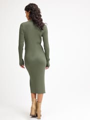 Khaki Green Ribbed Button Detail Knit Utility Midi Dress - Image 3 of 6