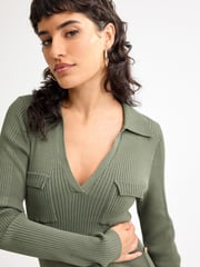 Khaki Green Ribbed Button Detail Knit Utility Midi Dress - Image 4 of 6