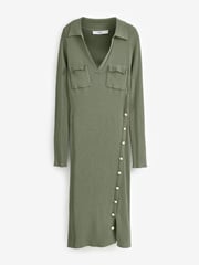Khaki Green Ribbed Button Detail Knit Utility Midi Dress - Image 5 of 6