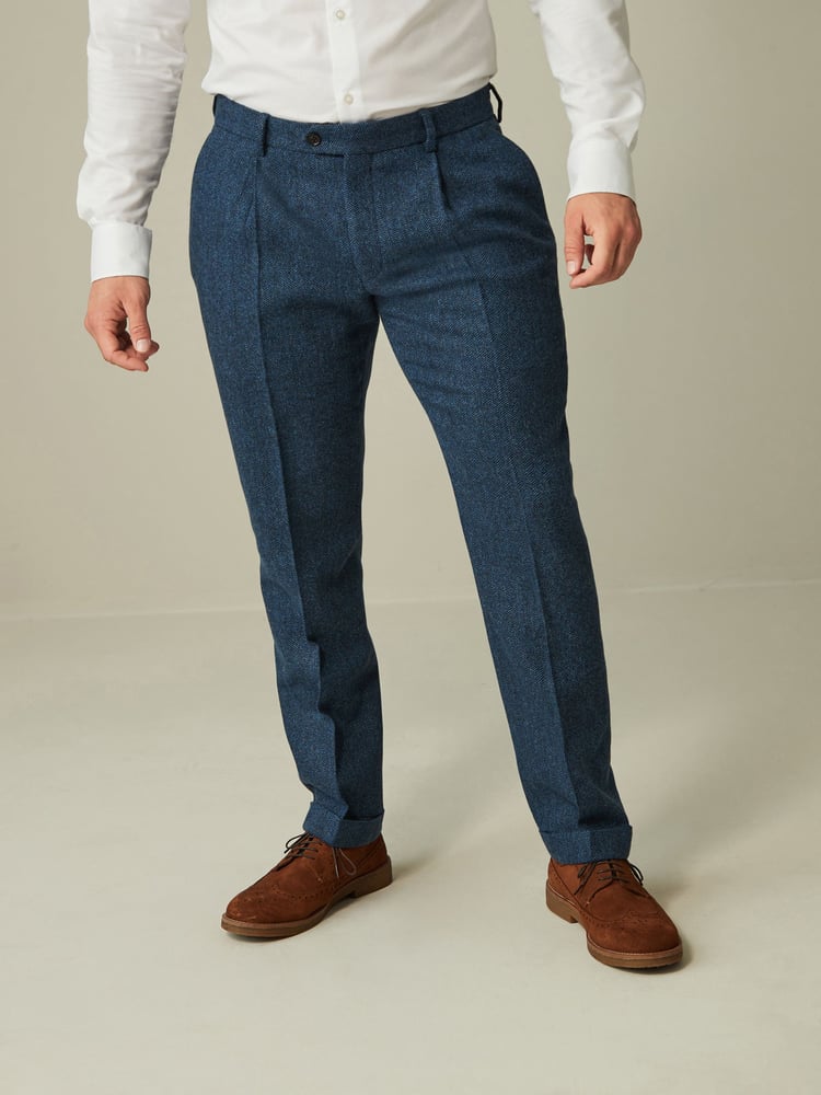 Bright Blue Slim Fit Nova Fides Wool Blend Herringbone Suit: Trousers - Image 1 of 11