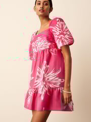 Pink Floral Puff Sleeve  Mini Smock Dress - Image 1 of 6