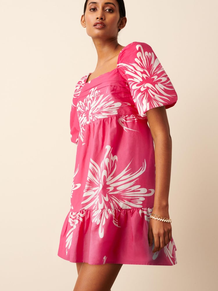 Pink Floral Puff Sleeve  Mini Smock Dress - Image 1 of 6