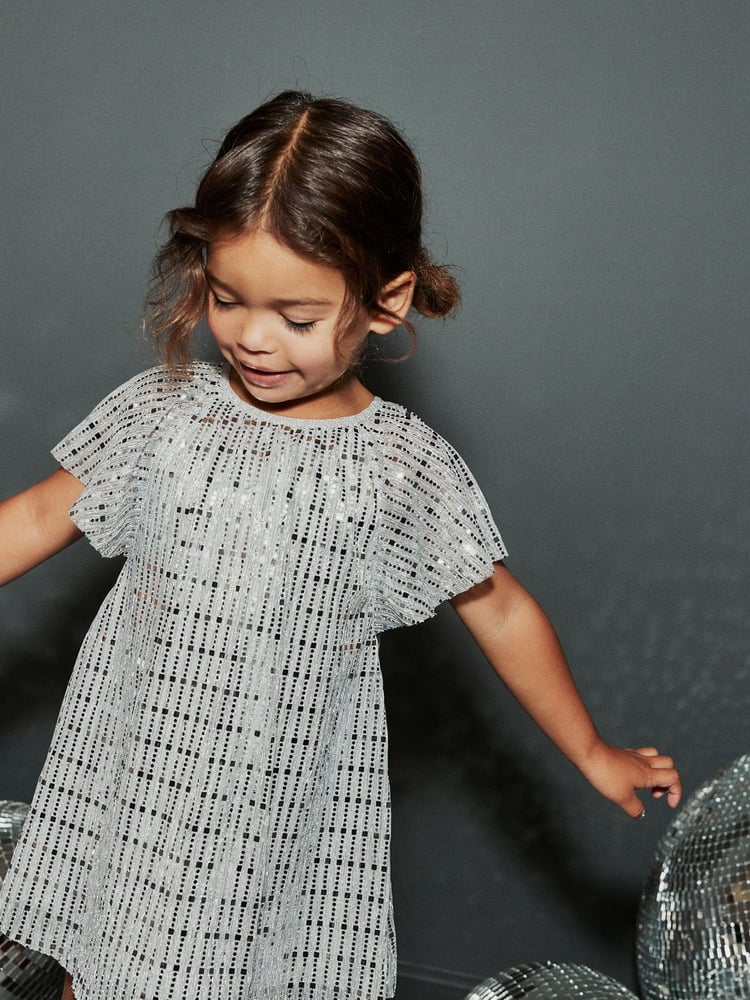 Silver Sequin Party Angel Sleeve Dress (3mths-8yrs) - Image 1 of 6
