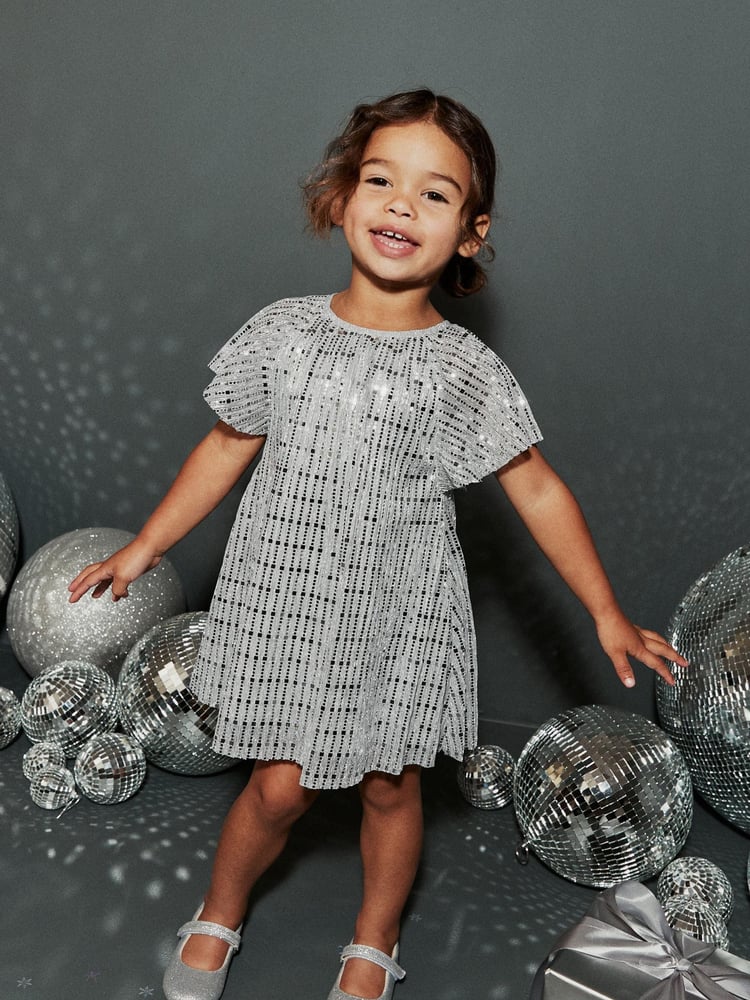 Silver Sequin Party Angel Sleeve Dress (3mths-8yrs) - Image 2 of 6