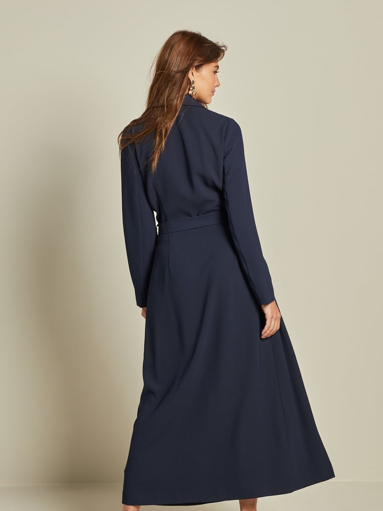Navy Blue Tailored Crepe Long Sleeve Wrap Dress - Image 2 of 5