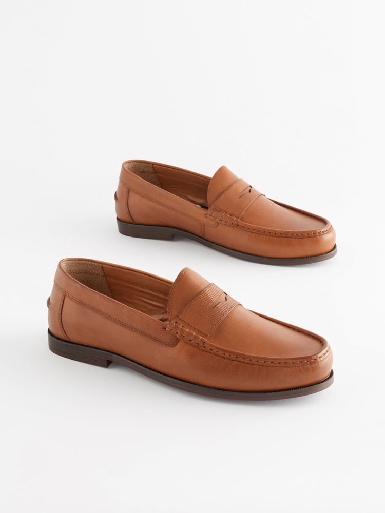 Tan Brown Wide Fit Leather Penny Loafers - Image 1 of 6