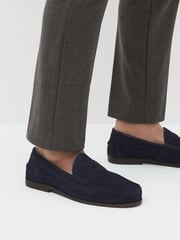 Navy Blue Suede Wide Fit Penny Loafers - Image 1 of 6