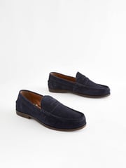 Navy Blue Suede Wide Fit Penny Loafers - Image 2 of 6