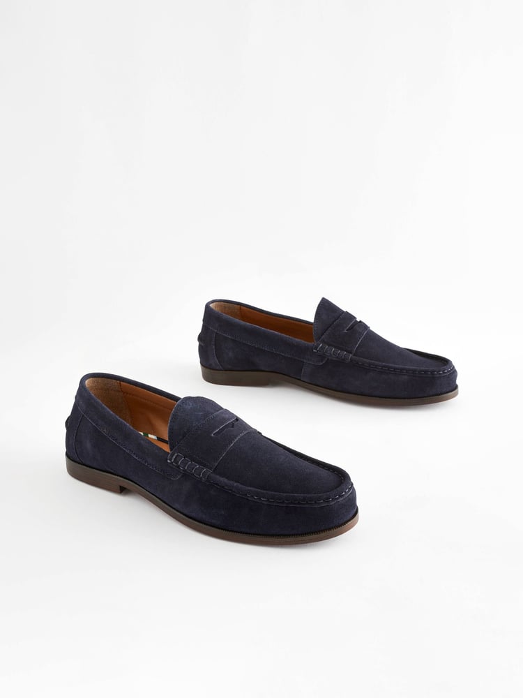 Navy Blue Suede Wide Fit Penny Loafers - Image 2 of 6 Navy Blue Suede Wide Fit Penny Loafers - Image 2 of 6