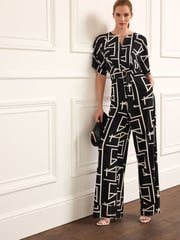 Black Geo Wide Leg V-Neck Jumpsuit - Image 1 of 6