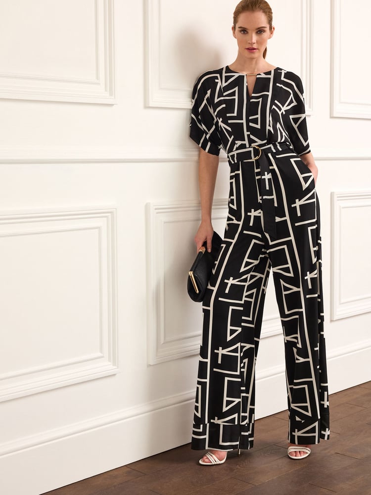 Black Geo Wide Leg V-Neck Jumpsuit - Image 1 of 6