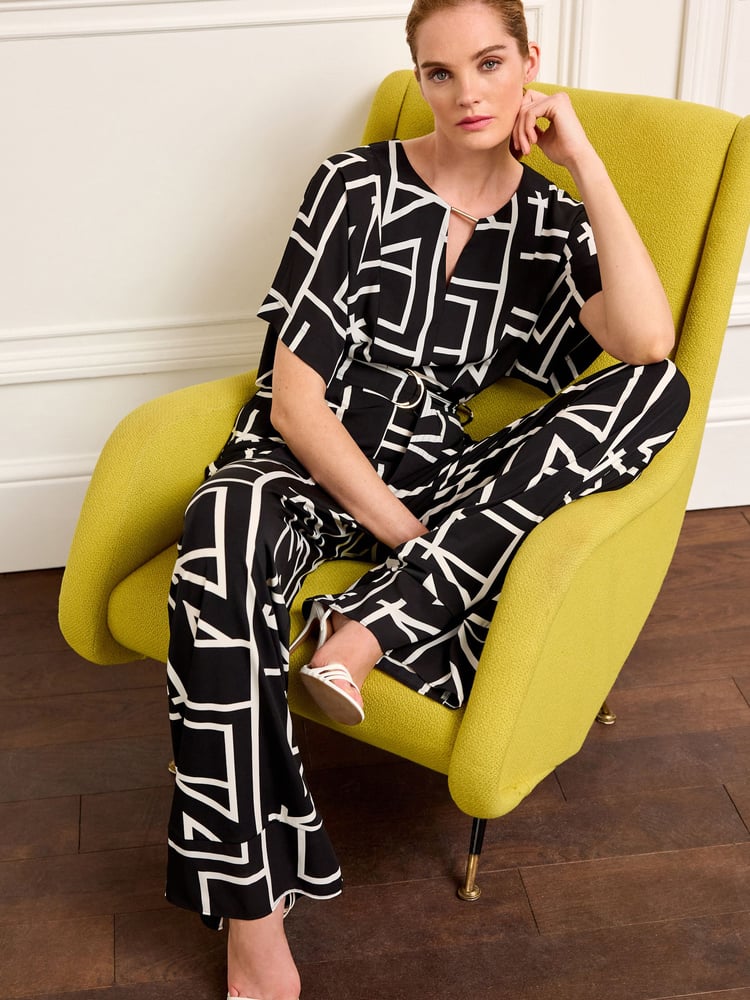 Black Geo Wide Leg V-Neck Jumpsuit - Image 2 of 6