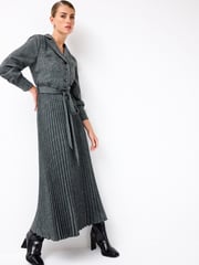 Grey Check Pleated Long Sleeve Midi Dress - Image 1 of 5
