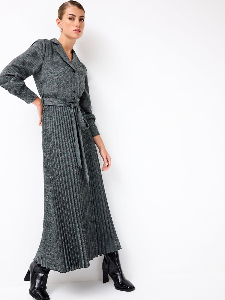 Grey Check Pleated Long Sleeve Midi Dress - Image 1 of 5