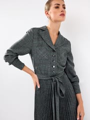Grey Check Pleated Long Sleeve Midi Dress - Image 2 of 5