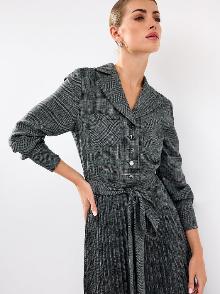 Grey Check Pleated Long Sleeve Midi Dress - Image 2 of 5