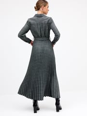Grey Check Pleated Long Sleeve Midi Dress - Image 3 of 5