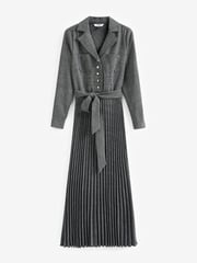 Grey Check Pleated Long Sleeve Midi Dress - Image 4 of 5