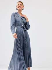 Blue Pleated Long Sleeve Midi Dress - Image 1 of 6