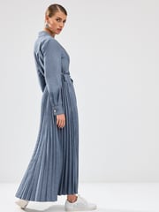 Blue Pleated Long Sleeve Midi Dress - Image 2 of 6