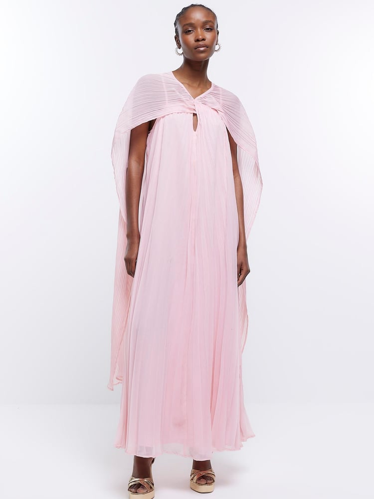 River Island Pink Pleated Cape Maxi Dress - Image 1 of 5 River Island Pink Pleated Cape Maxi Dress - Image 1 of 5