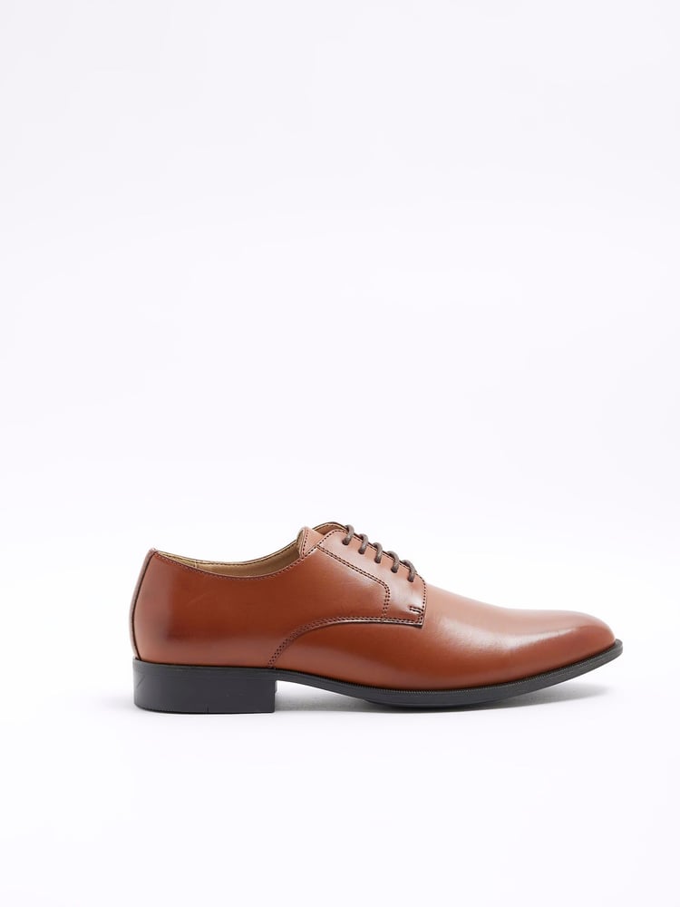 River Island Brown Formal Point Leather Lace-Up Brogue Derby Shoes - Image 1 of 6