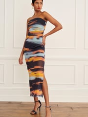 Blue/Orange Sunset Bandeau Mesh Midi Dress - Image 1 of 6