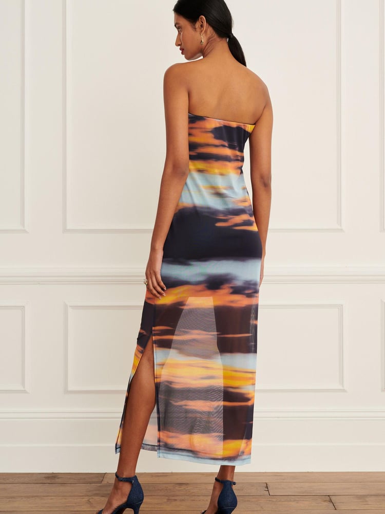 Blue/Orange Sunset Bandeau Mesh Midi Dress - Image 2 of 6