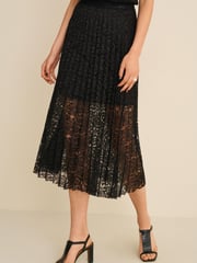 Black Lace Pleated Midi Skirt - Image 3 of 7