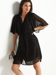 Black Sparkle Flutter Sleeve Tie Waist Mini Dress - Image 1 of 5
