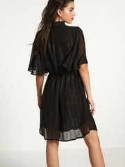 Black Sparkle Flutter Sleeve Tie Waist Mini Dress - Image 2 of 5