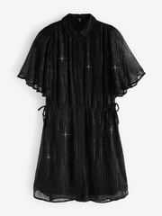 Black Sparkle Flutter Sleeve Tie Waist Mini Dress - Image 4 of 5