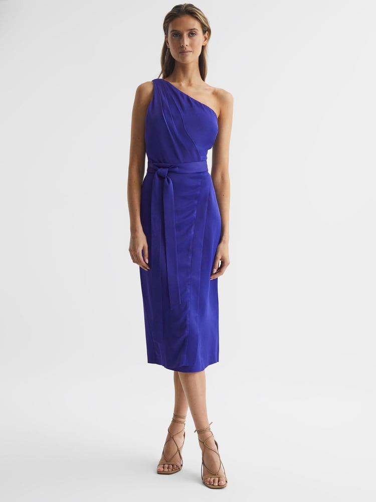 Reiss Purple Flora Off-The-Shoulder Satin Midi Dress - Image 1 of 6