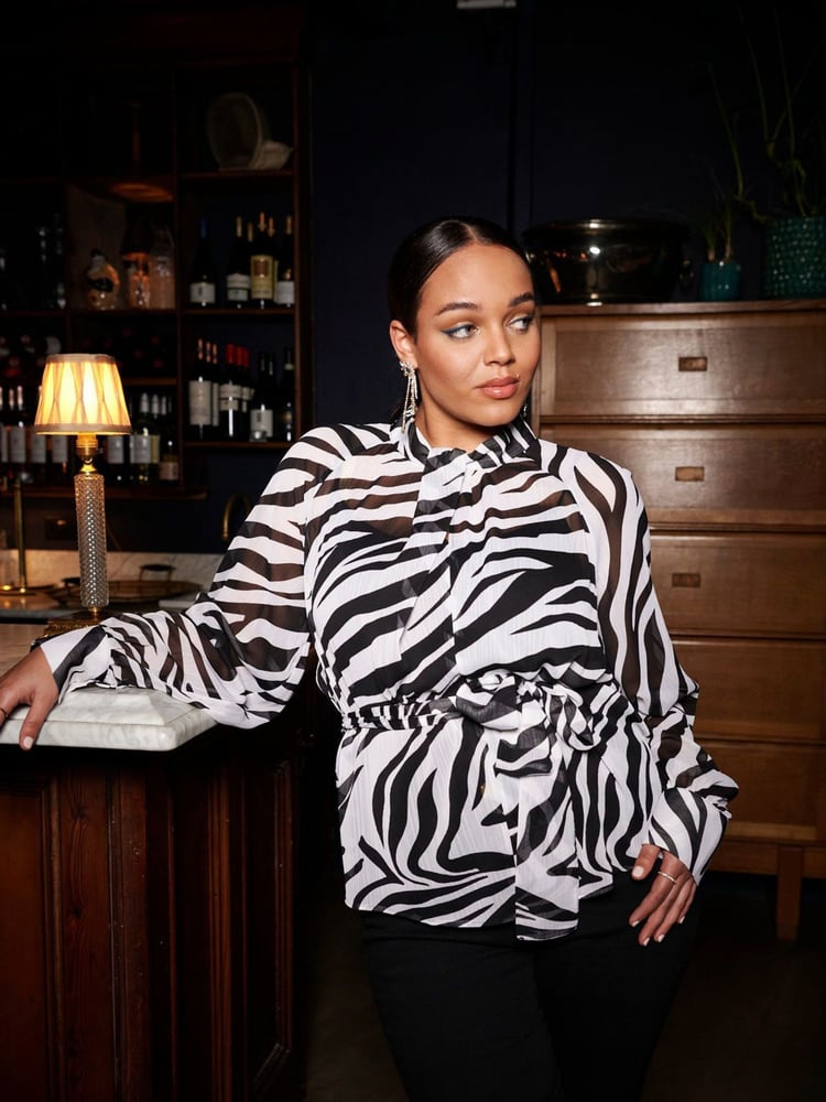 Another Sunday Long Sleeved Blouse With Tie Belt In Zebra Print - Image 2 of 6