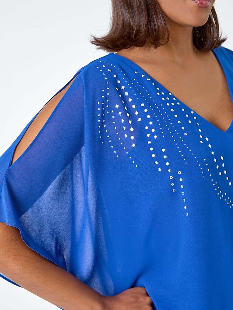 Roman Blue Embellished Cold Shoulder Overlay Dress - Image 5 of 5