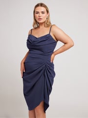 Yours Curve Blue LONDON Curve Cowl Neck Gathered Dress - Image 1 of 5