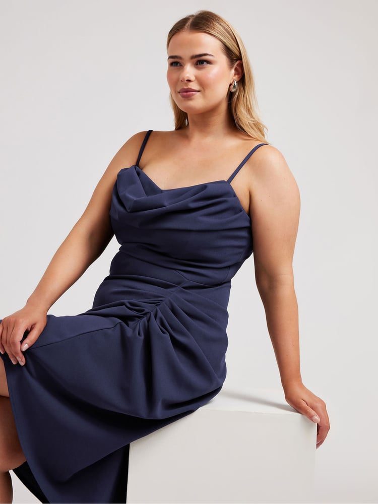 Yours Curve Blue LONDON Curve Cowl Neck Gathered Dress - Image 2 of 5
