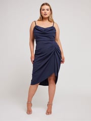 Yours Curve Blue LONDON Curve Cowl Neck Gathered Dress - Image 4 of 5