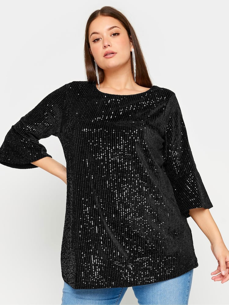 Yours Curve Black Velvet Sequin Top - Image 1 of 6